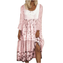 Boho bloemen midi jurk dames patchwork lange mouwen ronde hals