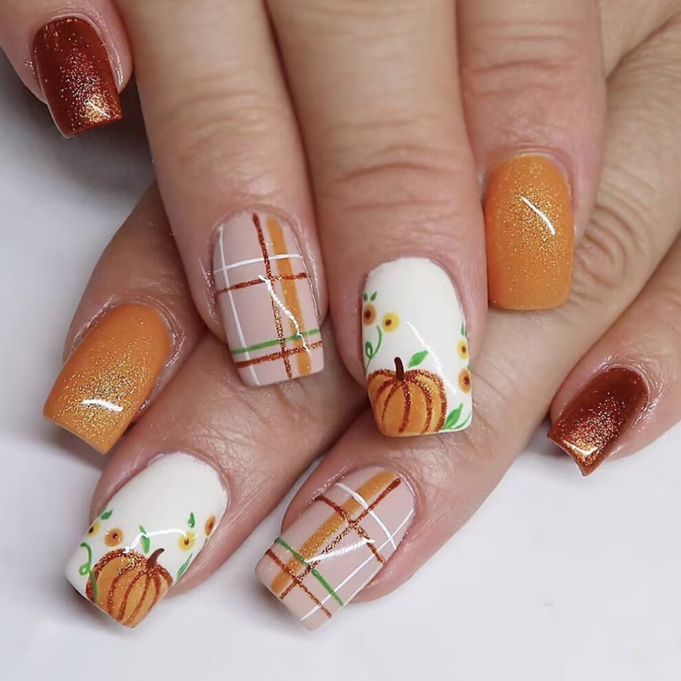 Fall Press-on Nails Short Square Glossy Maple Leaf Pumpkin