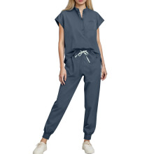 asdoklhq Jogger Scrubs for Women Short-Sleeved Solid Color Pocket V-Neck Nurse Suit Gray XL
