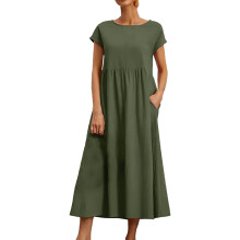 Midi-Kleid für Damen, einfarbig, ärmellos, locker geschnitten, aus Baumwolle, mit Tasche, Rundhalsausschnitt, grün, Größe M