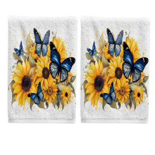Ensemble de serviettes de toilette Papillons bleus et tournesols en coton 15,5 x 29,5