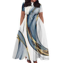 Damenkleid in Übergröße, lässig, gestreift, Rundhalsausschnitt, kurze Ärmel, Taschen, Bindegürtel, Swing-Schnitt - Gold 4XL