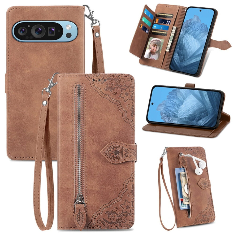 Google Pixel 10 Pro 6.3" Wallet Case Â Pu Leather Magnetic Flip With Lanyard, Wristlet & Zipper Card Holder, Compatible With Google Pixel 10 Brown 9170372139620