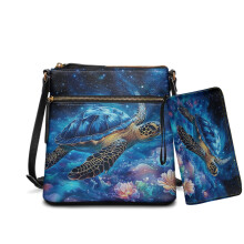 Set aus Umhängetasche und Geldbörse aus Leder mit Schildkröten-Hibiskus-Galaxy-Print für Damen, geräumige Tasche mit mehreren Fächern und