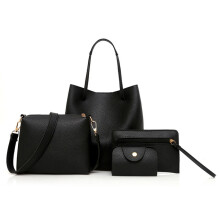 Luckymimi 4-teiliges Set Damen-Schultertasche, Handtasche, Geldbörse, einfarbig, aus weichem Kunstleder