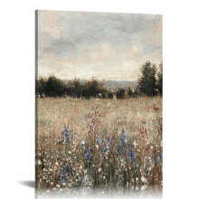 Décoration murale vintage sur toile, champ de fleurs sauvages, style ferme moderne, 40 x 50 cm
