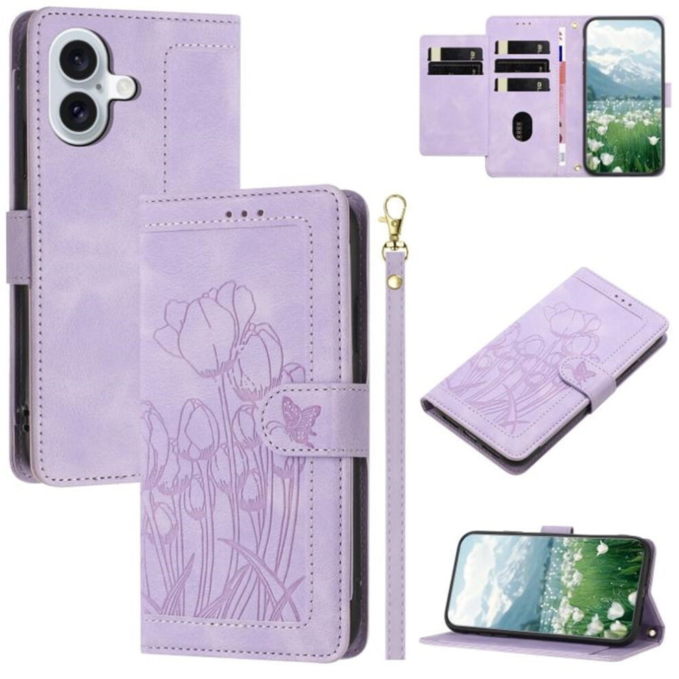Tulip-Embossed Leather Flip Wallet Case For Iphone 16 Plus 968604482885