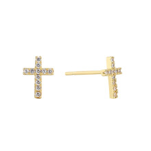 Zirconia Cross Stud Earrings Gold Plated Pair