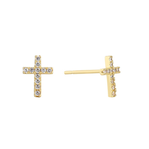 Zirconia Cross Stud Earrings Gold Plated Pair