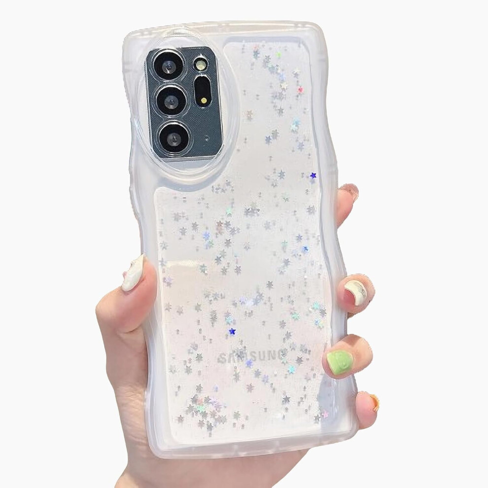Glitter Clear Phone Case For Samsung Galaxy Note 20 Ultra – Curly Wave Frame, Bling Shiny, Soft Shockproof Bumper (White) White 9405492269279