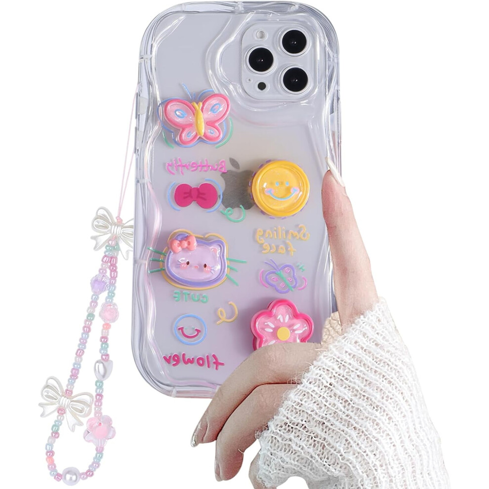 Cute Glitter Butterfly Flower Cat Phone Case With Pearl Charm Chain, Clear Sparkle Shockproof Flexible Design For Compatible With Iphone 14 Pro Max White 9165521642342