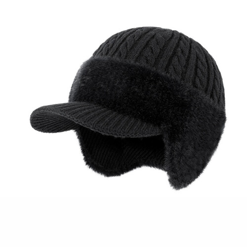 Winter Beanie with Brim and Ear Flaps Black