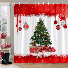 Rideau de douche de Noël avec sapin, étoiles rouges et flocons de neige – Imperméable, lavable, 7 crochets, 90,2 cm x 179,8 cm