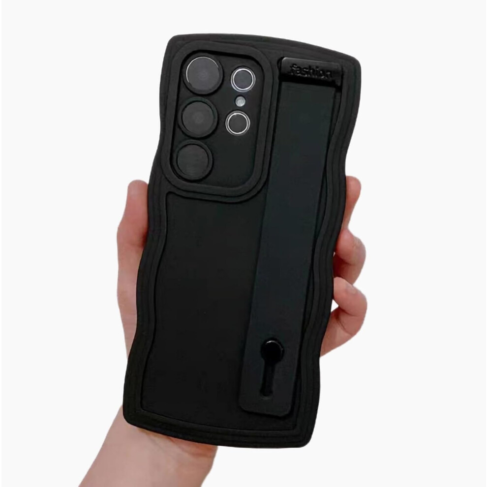 Compatible With Samsung Galaxy S24 Ultra Phone Case Â Curly Wave Frame, Wrist Strap & Kickstand, Soft Camera-Protective Cover (Black) Black 9165521642854