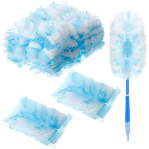 50 count Duster Refills Compatible with Dusters Disposable Replacement Thickened with 1 Handle for Cleaning, Office (Blue)