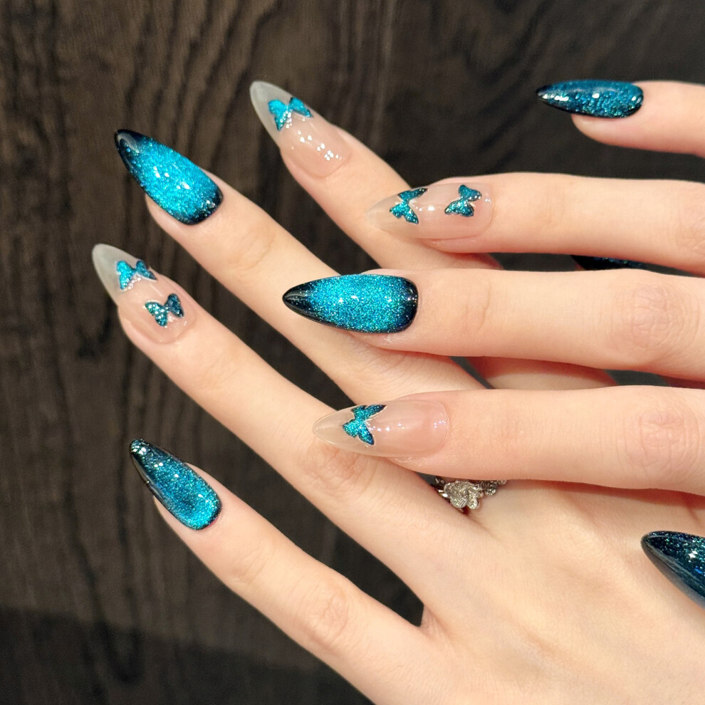 Roc-Electron (2932) Butterfly Print Fake Nails - 10Pcs Resin Cat Eye