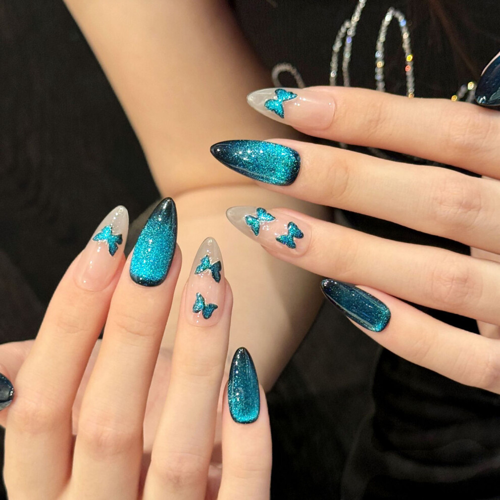 Roc-Electron (2932) Butterfly Print Fake Nails - 10Pcs Resin Cat Eye
