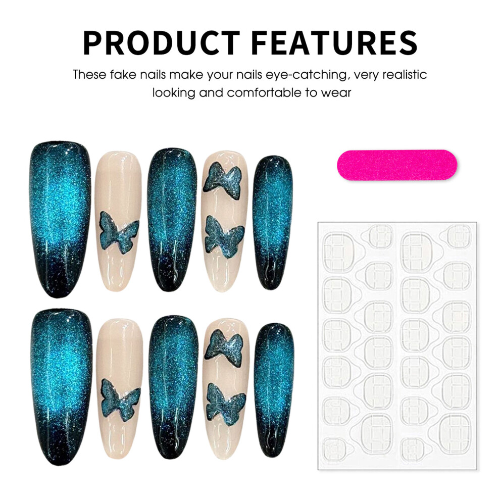 Roc-Electron (2934) Butterfly Print Fake Nails - 10Pcs Resin Cat Eye