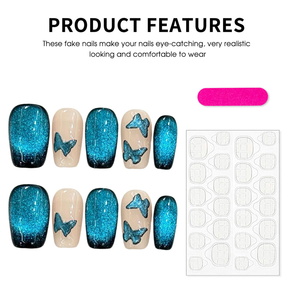 Roc-Electron (2930) Butterfly Print Fake Nails - 10Pcs Resin Cat Eye