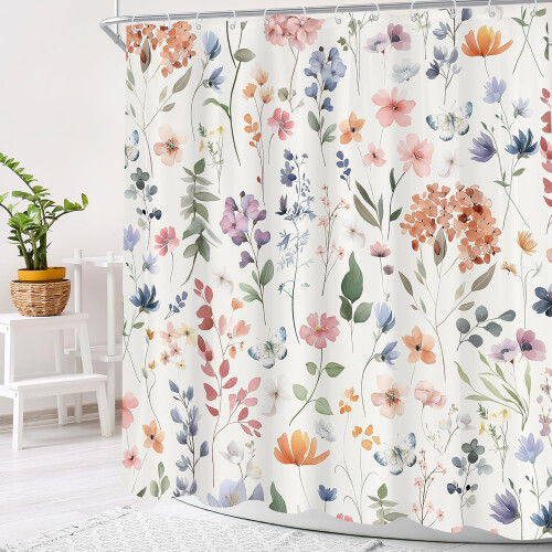 Salviagrönt blommigt duschdraperi med vildblommor 60x72 2