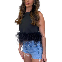 Dámský krátký top na karneval, z přírodního pštrosího peří, bez rukávů a s nemastnou látkou, elegantní design a bez ramínek