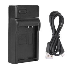 Compacte acculader voor Canon Rebel T5, mat polymeer, kortsluitings- en overlaadbeveiliging, USB Micro-poort, compatibel met wereldwijde spanning.