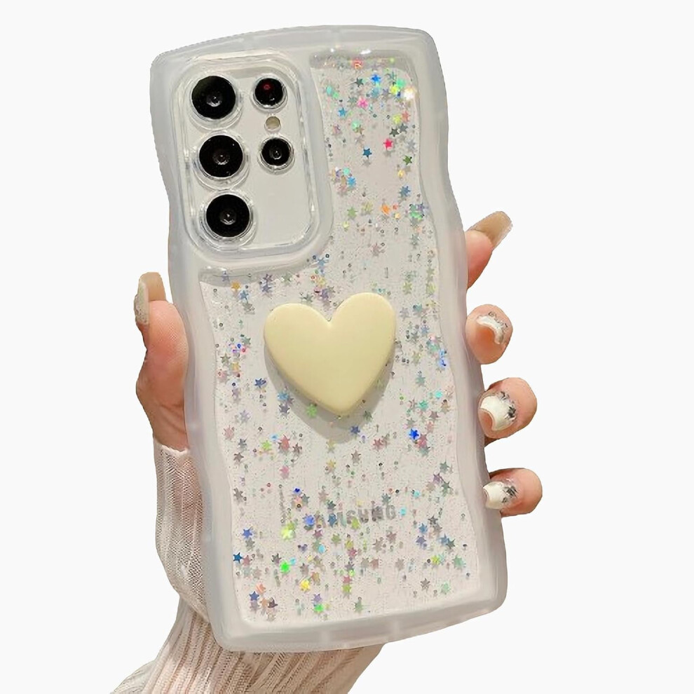 Cute 3D Love Heart Glitter Clear Phone Case For Samsung Galaxy S22 Ultra Â Soft Shockproof Curly Wave Frame (, Compatible With Samsung Galaxy White 9181073450303