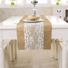 Vintage Linen Lace Table Flag | Khaki Jute Tablecloth for Weddings & Parties | Farmhouse Industrial Retro Decor | 30x275cm & 30x180cm Sizes