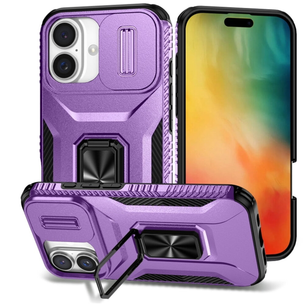 Slim Fit Shockproof Hybrid Case For Iphone 16 (6.1") Â Slide Camera Cover, Rotated Ring Kickstand, Military-Grade, Purple 9558633048575