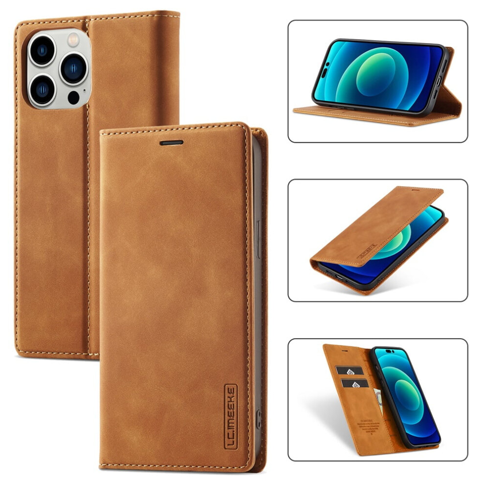 Lc.imeeke Leather Flip Wallet Case With Card Holder, Magnetic Closure & Kickstand Â Compatible With Iphone 14 Pro Max, Brown 9558633049527