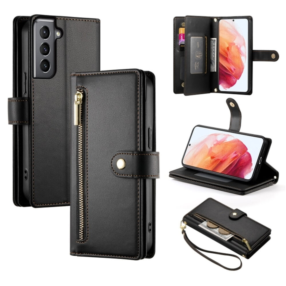 Compatible With Samsung Galaxy S21 5G 6.2" Wallet Case Â Leather, Multi-Card Slots, Zipper Pocket, Lanyard Strap, Black 9485826636250