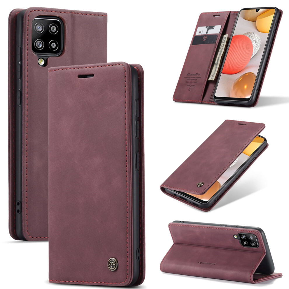 Caseme Leather Flip Wallet Case For Compatible With Samsung Galaxy A42 5GâMagnetic, Card Holder, Kickstand, Shockproof, Wine Red 9558633047103