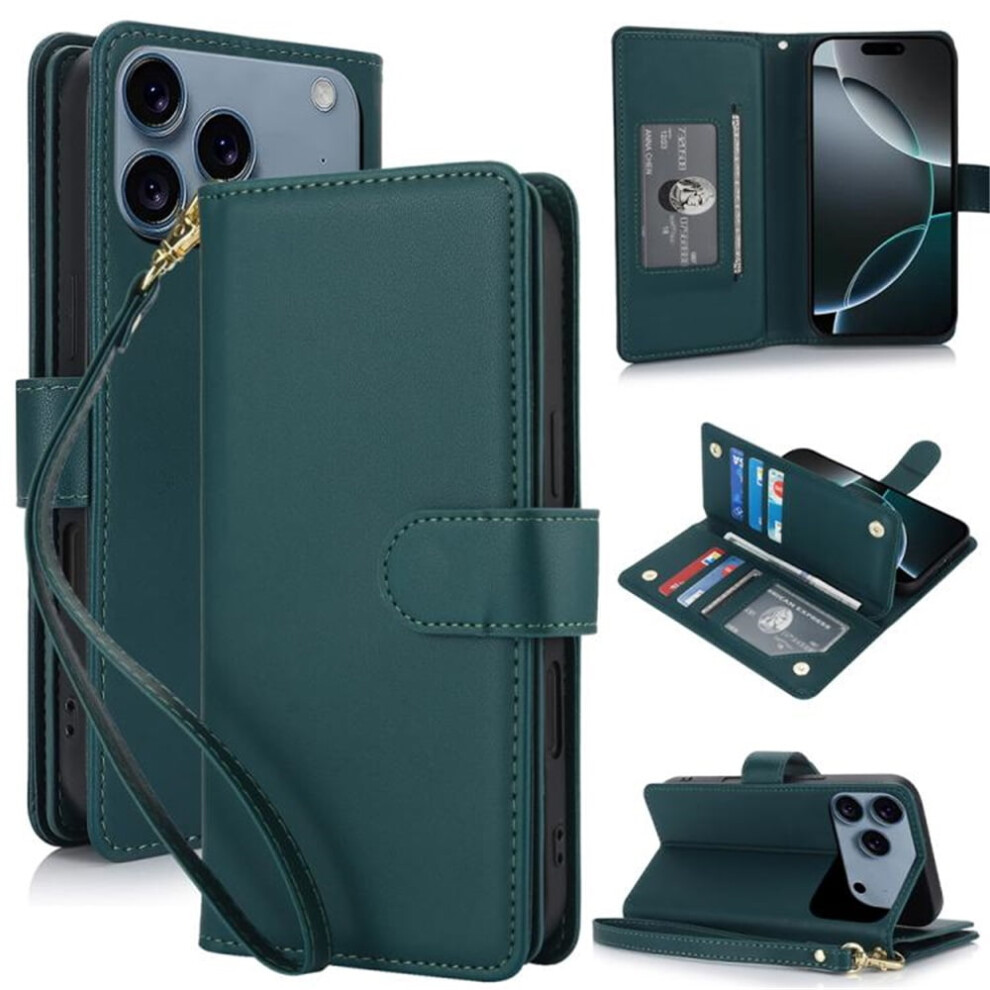 Leather Magnetic Flip Wallet Case For Iphone 17 Pro 6.3": Rfid Blocking, Kickstand, Anti-Drop Tpu, Detachable Wrist Strap, Â Compatible With Green 9485826634423
