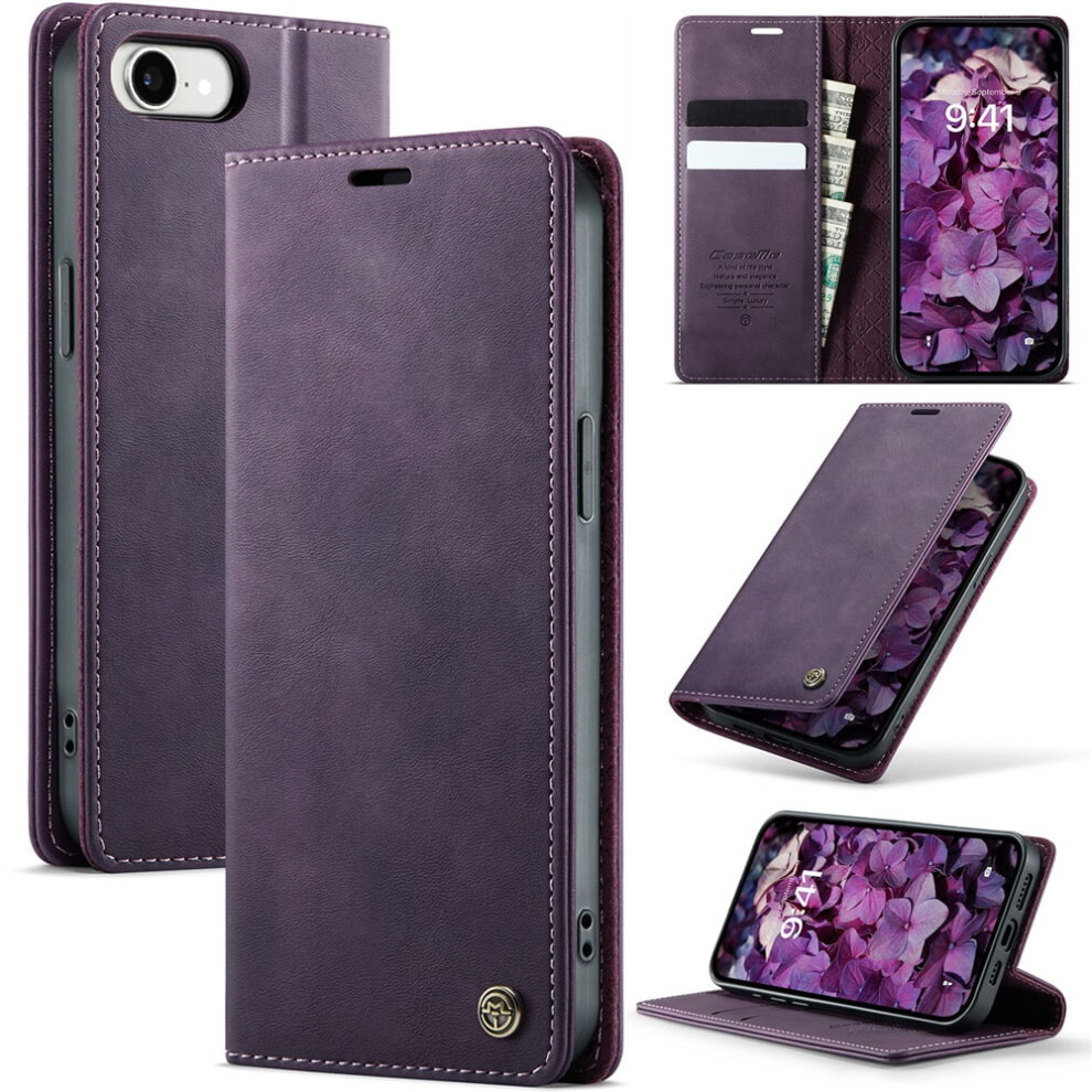 Caseme Calf Leather Wallet Case For Iphone 16E 6.1" Â Rfid Blocking, Magnetic Closure, Card/Cash Slots, Kickstand, Shockproof, Purple 9558633046847
