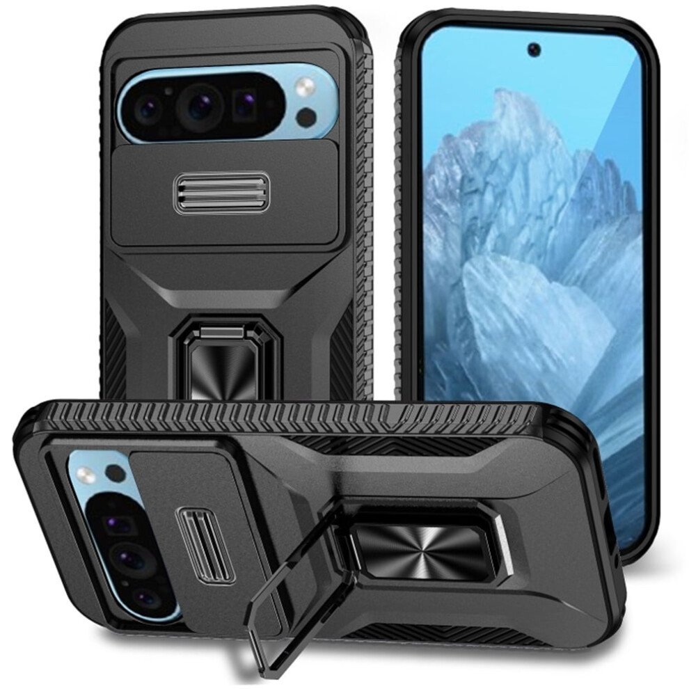 Slim Shockproof Hybrid Case For Google Pixel 9 / 9 Pro 6.3", With Slide Camera Cover & Rotated Ring Kickstand, Military-Grade, Compatible With Black 9485826636052