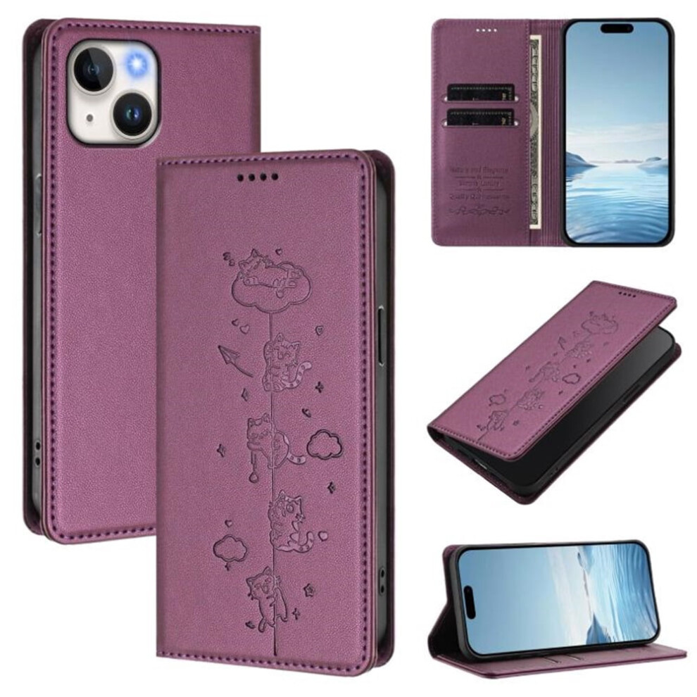 Violet Leather Flip Wallet Case For Iphone 15 Â Rfid Blocking, Cats Embossed, Magnetic Closure, Card Holder 9558633047783