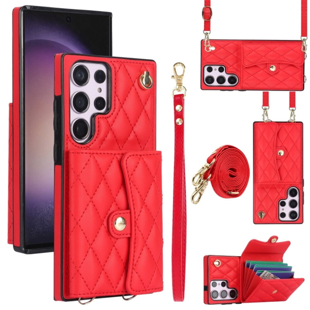 Rfid-Blocking Magnetic Flip Wallet Case For Galaxy S24 Ultra 5G – With Multi-Card Slots, Detachable Shoulder & Wrist Straps Red 9558633047516