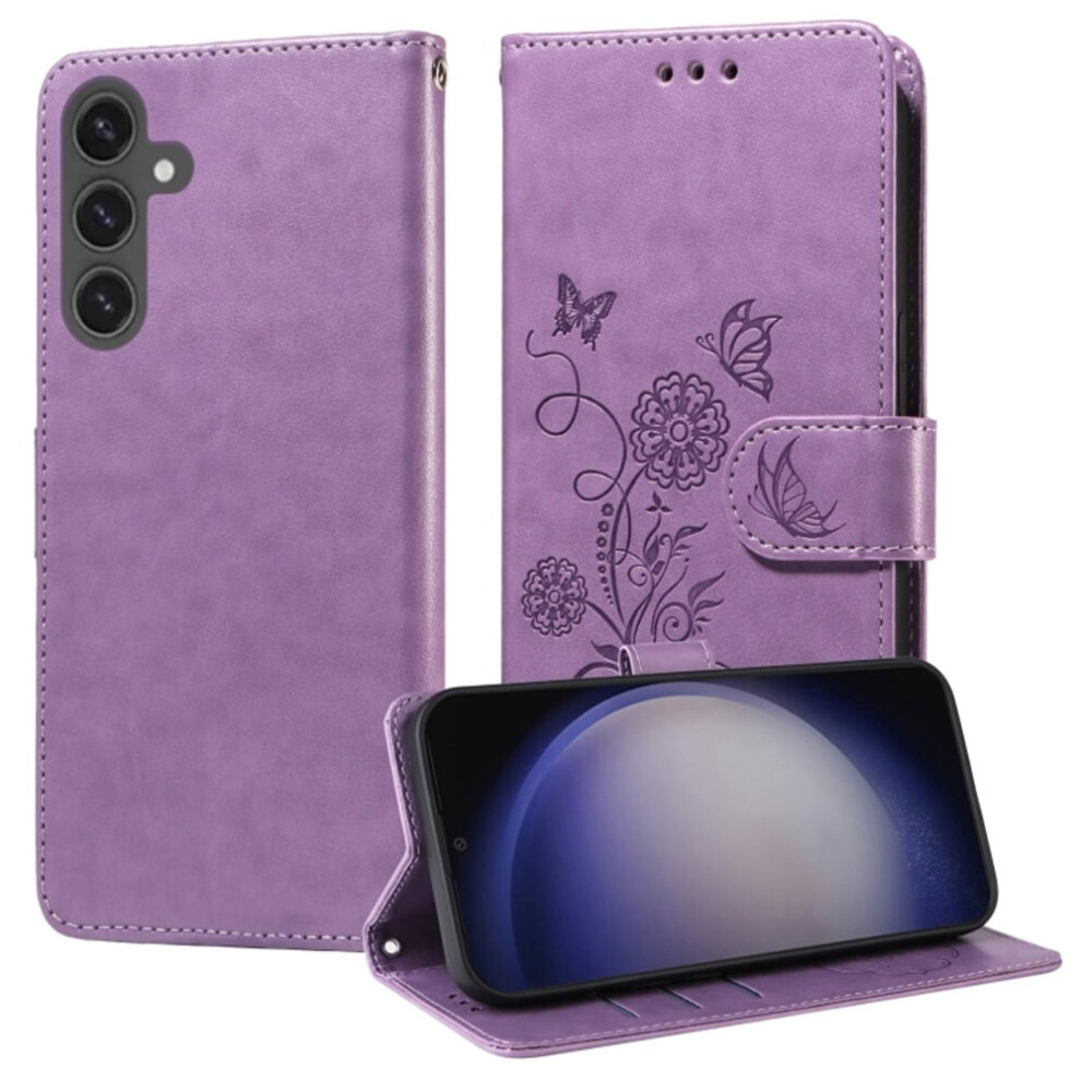 Butterfly Flower Leather Flip Case For Samsung Galaxy S23 Fe 5G – Shockproof, Kickstand, Card & Cash Slots Purple 9193271836858
