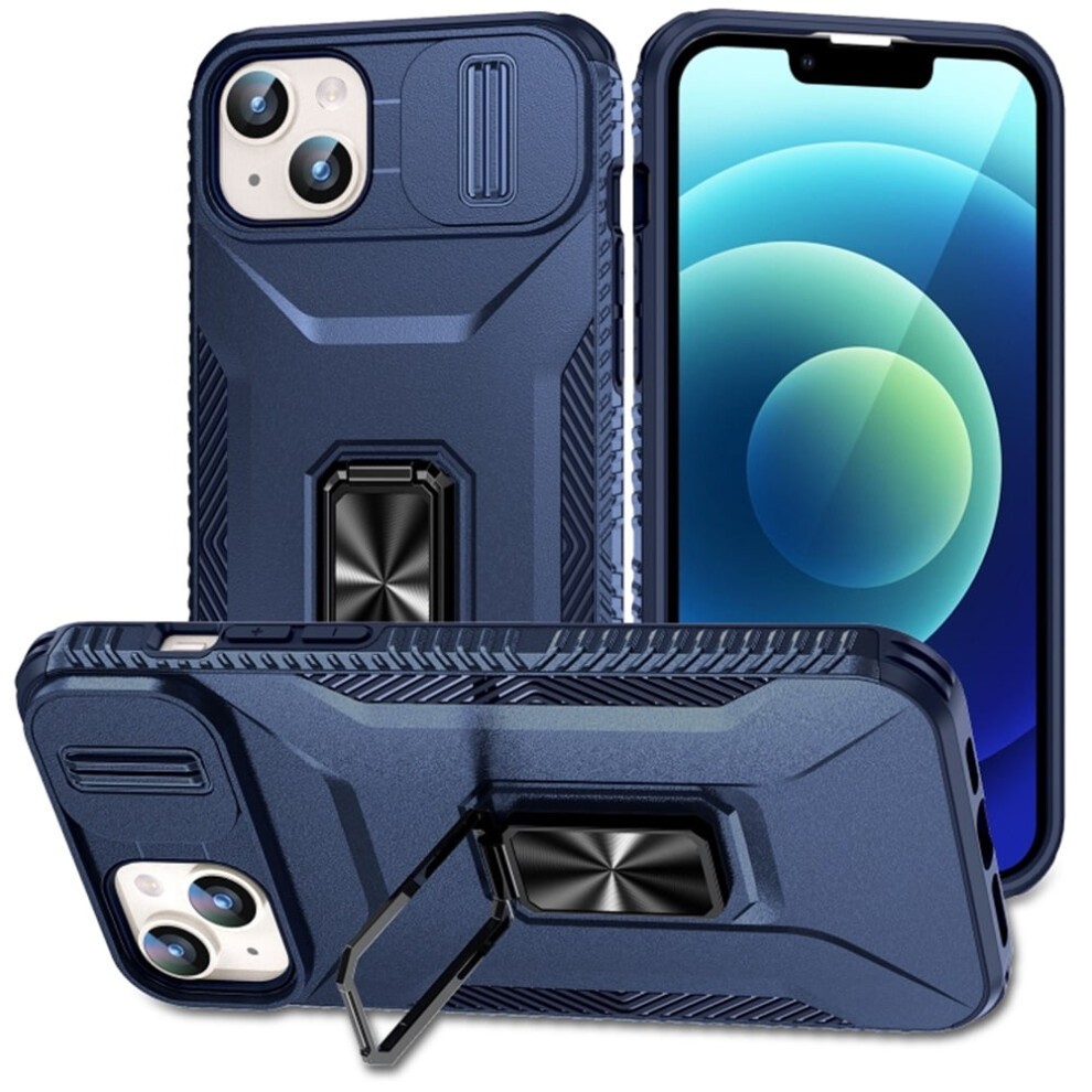 Slim Shockproof Hybrid Case For Iphone 15 PlusâMilitary-Grade, Slide Camera Cover & Rotated Ring Kickstand, Blue 9193271837589