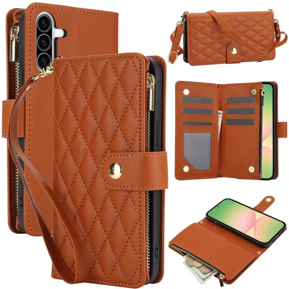 Rfid Blocking Flip Wallet Case For Samsung Galaxy A37 5G Â 3-Card Slots, Kickstand, Wrist Strap, Zipper Brown 9558633047486