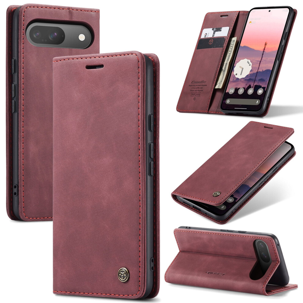 Caseme Leather Flip Wallet Case For Google Pixel 9/9 Pro, Magnetic Closure, Card Holder, Shockproof, Kickstand, Wine Red 9485826638025