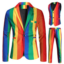 Men Blazer Slim Fit Rainbow Print Suit Jacket Vest and Suit Pants Evening Party Dinner Formal Wear 3 Pcs Set