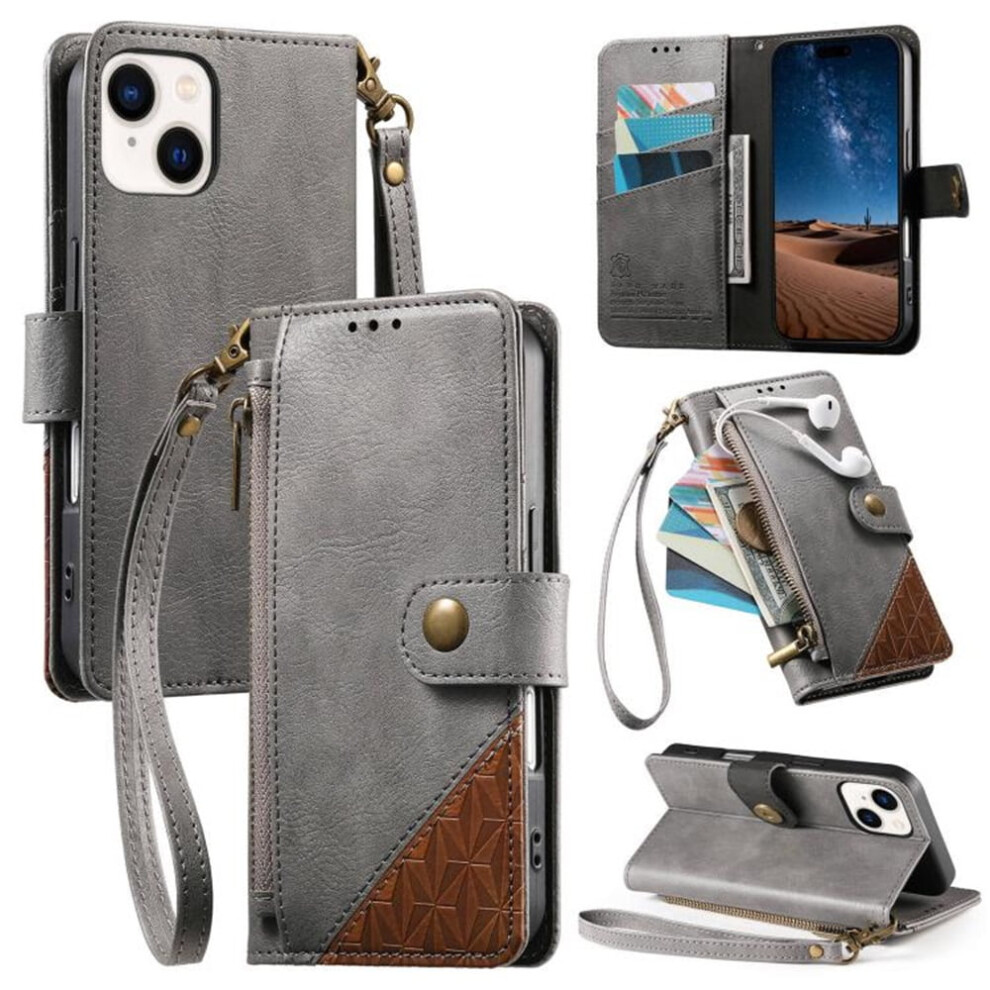 Compatible With Iphone 14 Plus Â Patchwork Pu Leather Magnetic Flip Wallet With Lanyard, Wristlet & Zipper Card Holder 9418476697562
