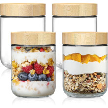 4-pakning med 473 ml glass med lufttette bambuslokk, bredåpningsbeholdere for masonsalat og overnight oats, kompatibel med snacks, yoghurt, krydder