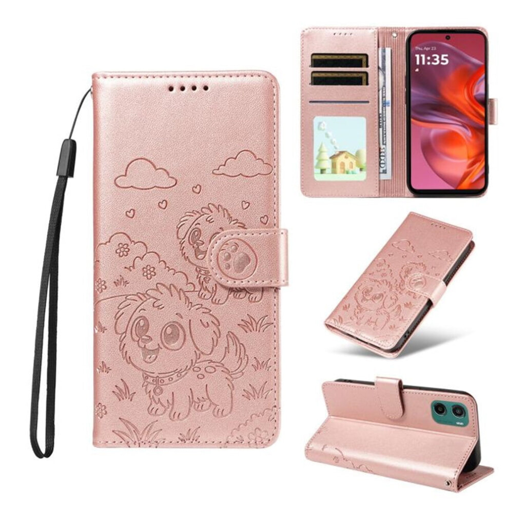 Leather Dog-Embossed Flip Case For Motorola Moto G05 Â Rfid Wallet, Magnetic Clasp, Lanyard & Stand Pink 9418476698095