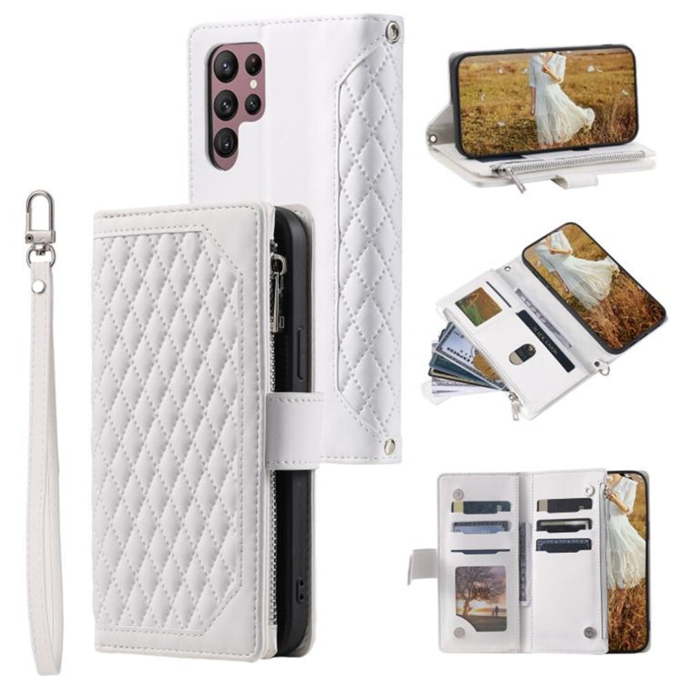 Compatible With Samsung Galaxy S26 Ultra 5G Pu Leather Flip Wallet CaseâCheckered, 6-Card Slots, Kickstand, Wrist Strap, Lanyard, Zipper, White 9418476697265