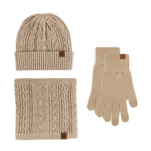 Winter Knit Set, Fleece Lined Slouchy Beanie, Warm Neck Warmer & Gloves, Men's & Women's 3-Piece Cold Weather Set, Matching Accessories Khaki