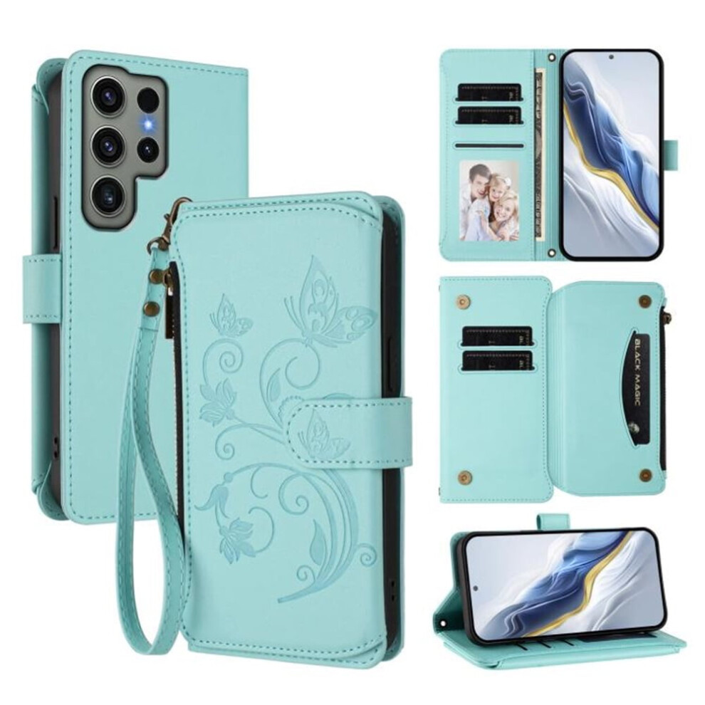 Magnetic Clasp Flip Stand Case For Compatible With Samsung Galaxy S23 Ultra 5G Â Mint Lanyard, 5-Card Holder, Butterfly Flower Zipper Wallet Green 9418476698156