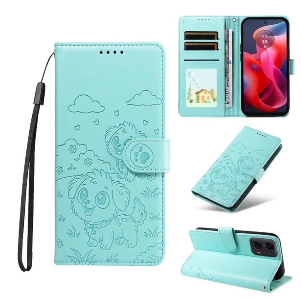 Leather Dog-Embossed Flip Case For Motorola Moto G04/G24/E14 Â Rfid Wallet, Magnetic Clasp, Lanyard & Stand Green 9418476700521