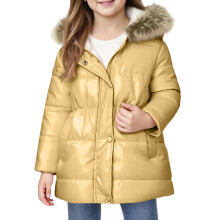 Girls Hooded Puffer Coat with Faux Fur Trimmed Hood Full Zip Front Snap Closure and Quilted Design Winter Outerwear Jacket Style #B049 Yellow 140